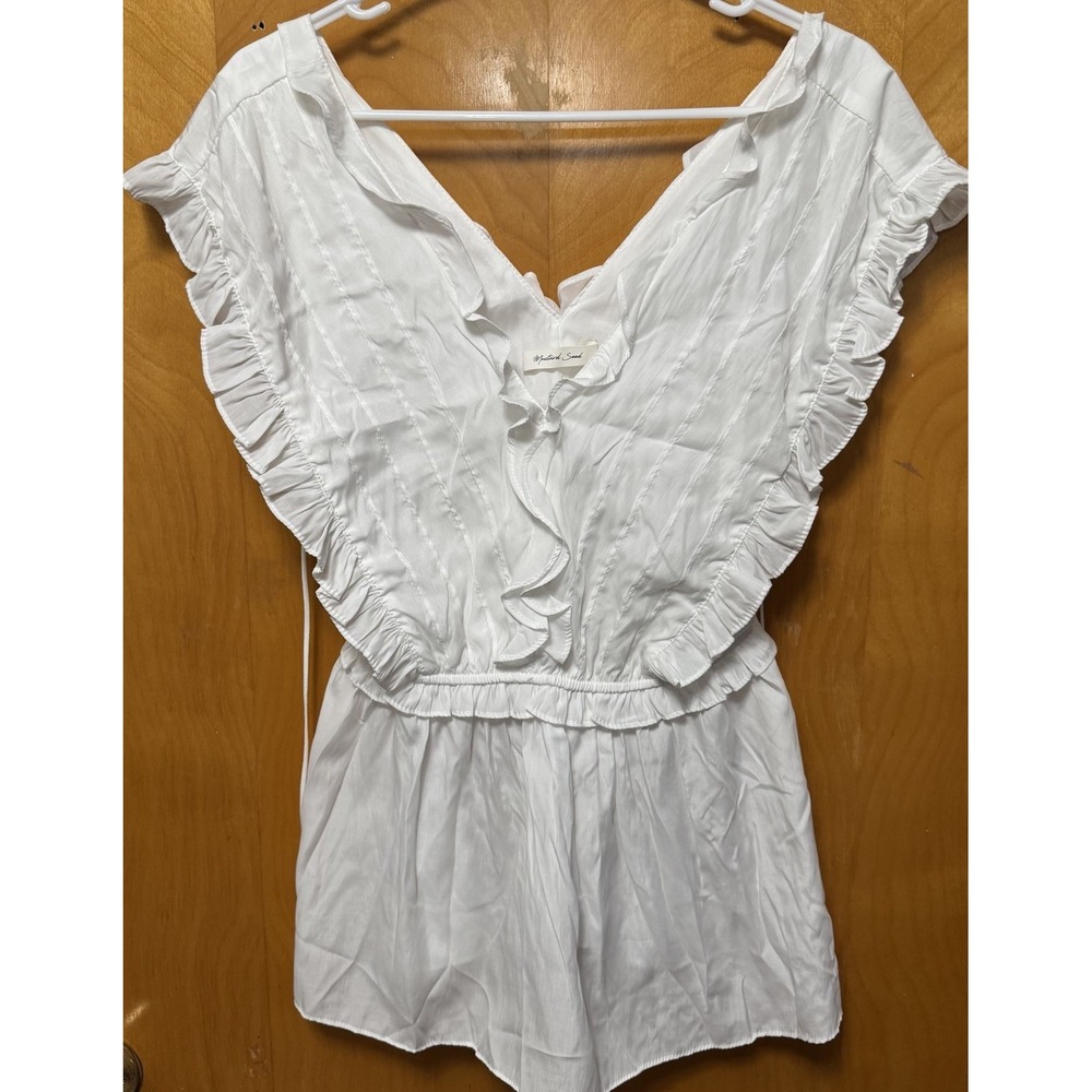 Mustard Seed Womens V Neck Ruffle Front Tie Back Peplum Top White Sz M